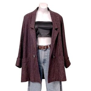 Vintage Tweed Jacket Gingham Check Black Purple Boxy Oversized Double Breasted